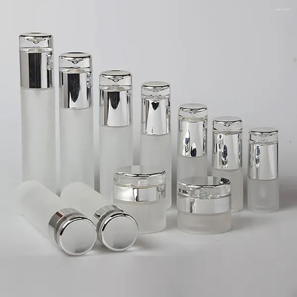 Aufbewahrungsflaschen, luxuriös, mattierte Körperlotion, Glas-Pumpflasche und Nebelspray mit UV-Silberdeckel, 80 ml, Kosmetikverpackung