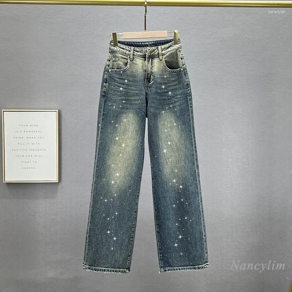 Damenjeans Europäische Mode mit weitem Bein 2024 Frühling Hohe Taille Schwere Stickerei Bohren Mopp Hose Blaue Denimhose