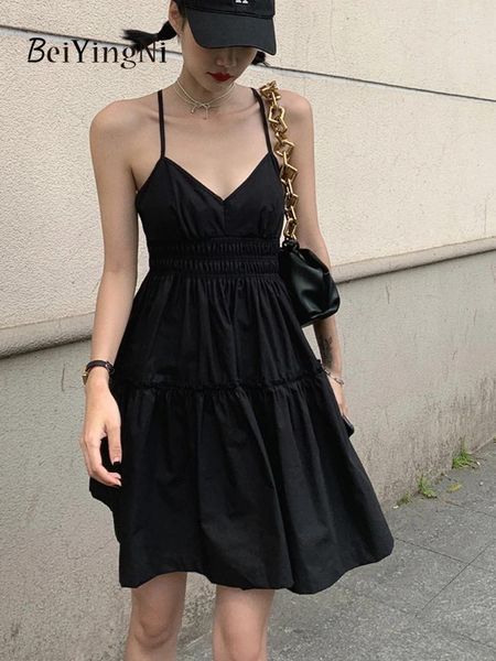 Abiti casual Beiyingni Estate Sexy Nero Della Cinghia di Spaghetti del Vestito Delle Donne Backless Club Con Scollo A V Una Linea Mini Femminile Coreano Tutu Abiti