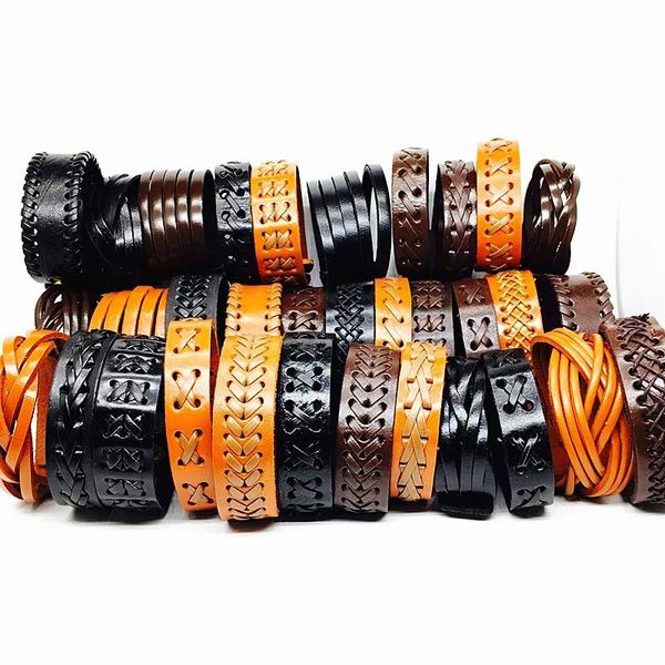 Bangle atacado 20 pçs pulseira de couro masculino manguito genuíno pulseira feminina unisex preto marrom trança artesanal ampla moda pulseira jóias