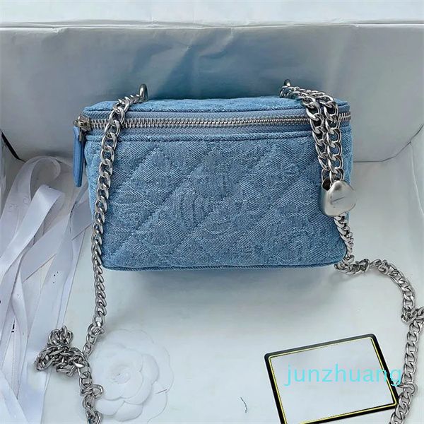 Designer -Cases Sky Blue Denim Women Cosmetic Bag With Mirror Quilted Embroidery Classic Small Square Bag Handbags Retro Designer