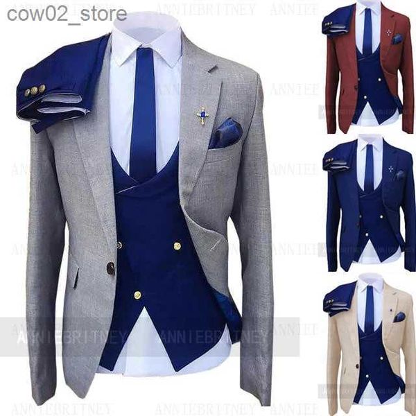 Abiti da uomo Blazer Moda Abito da sposa per uomo Cappotto grigio GILET blu Pantalone Custom Made Plus Size Uomo Smoking formale trajes de hombre come homme Q230103