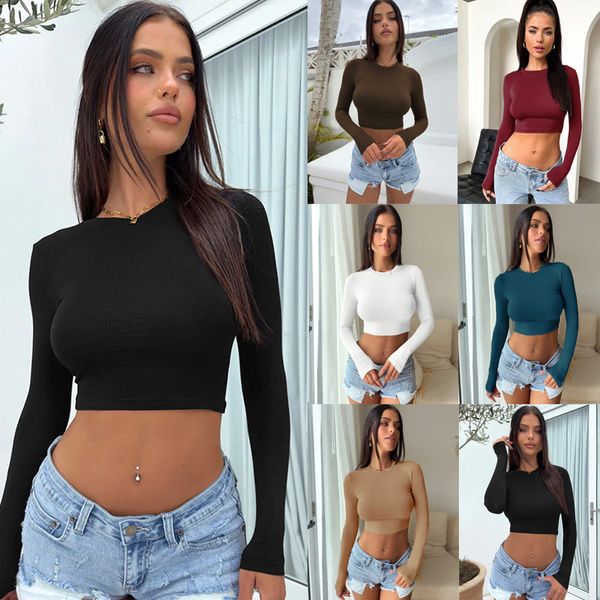 INS Mode Damen Tops T-Shirts Straße Sexy Nabelkleid Langarm Innen Schoßhemd Einfarbig Rundhals Schlank Kurzes T-Shirt Plus Größe S-2XL