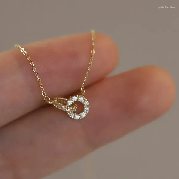 Ciondoli Collana mini doppio cerchio in argento sterling S925 Elegante e lussuosa catena alla clavicola alla moda per le donne