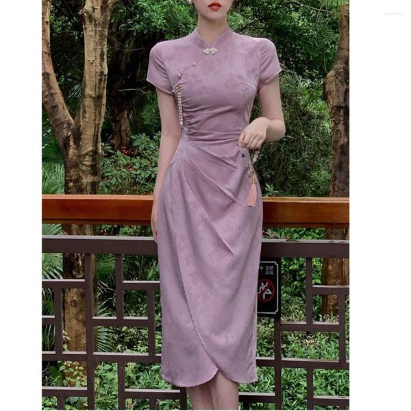 Roupas étnicas Estilo Chinês Vestido Sexy Roxo Jacquard Qipao Mulheres Elegante Melhorado Cheongsam Longo Vestido de Casamento Trajes