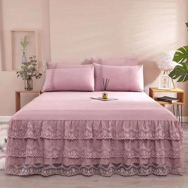 Saia de cama de três camadas cor sólida renda saia de cama princesa renda estilo europeu colcha plissado colchão antiderrapante saia de cama pil