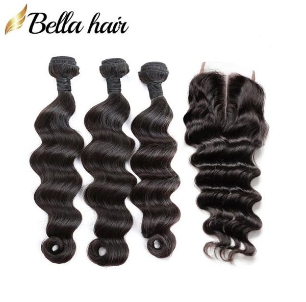 Bella Hair, 100 unbehandelte Echthaarbündel mit Verschluss, 4x4, loses, tiefes brasilianisches Haar, 3 Bündel und Verschluss oben, 4 Stück, Lot 3060592