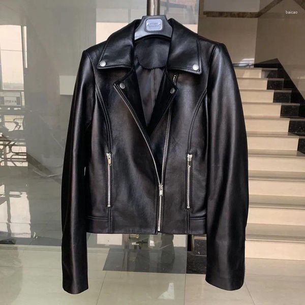 Kadınlar Deri 2024Leather Coat Bahar Kısa İnce Fit Motosiklet Ceketi Kadın Koyun Dinini Gerçek Katlar GÜNLÜK JAC