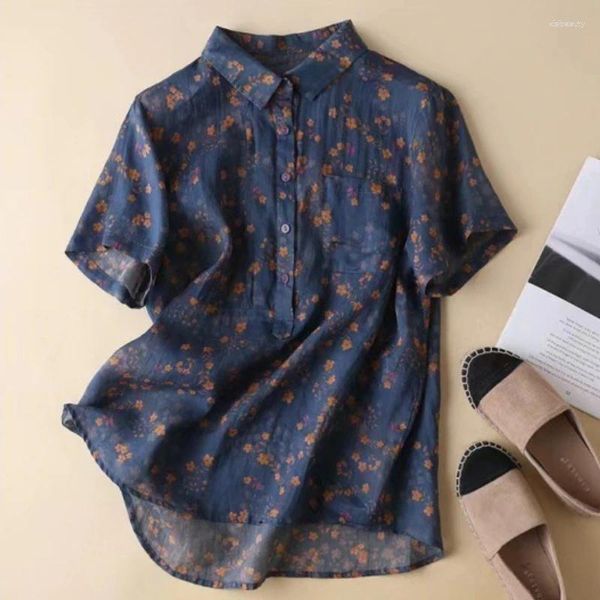 Blusas femininas verão topo para mulher magro gola de algodão blusa de linho senhoras vintage floral manga curta flip camisa artística