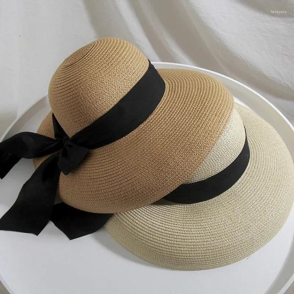 Chapéus de borda larga Chapéu de sol de palha vintage para mulheres Chic Soild Handmade Dobrável Roll Up Fedora Beach Visors Womens Summer Caps