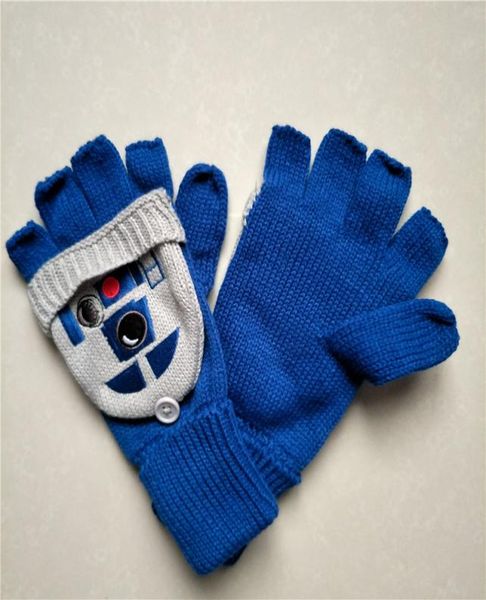 Fashionstormtrooper darth vader robô r2d2 algodão tricô inverno luvas quentes azul r2d2 luva completa meio dedo 2 estilo5966864