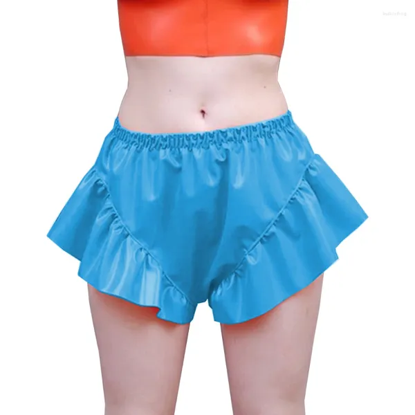 Shorts feminino sissy babados exóticos cintura média wetlook calças de couro pvc punk gótico clube festa roupas femininas sexy calcinha lingerie