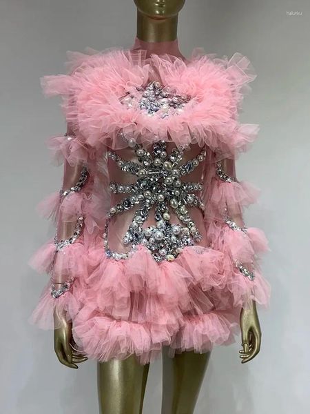 Vestidos casuais estoque mulheres sexy malha cristal diamantes beading rosa mini vestido festa de aniversário traje bar nightclub palco desempenho