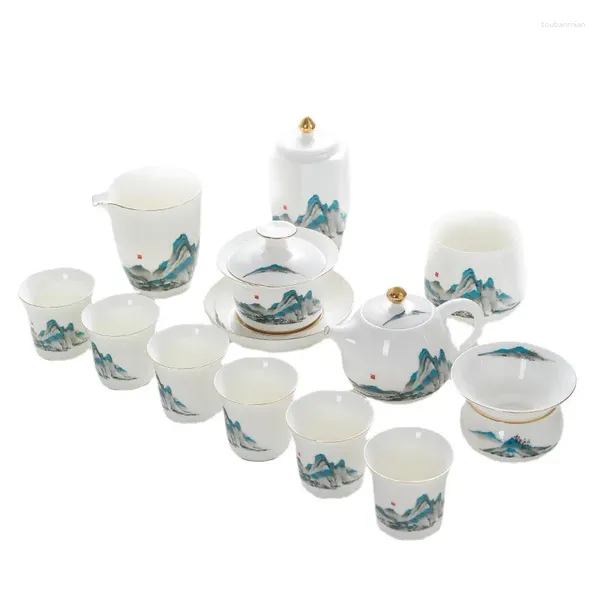 Teegeschirr-Sets, leichtes, luxuriöses chinesisches Tee-Set, Schaffett, Jade-Porzellan, Büro-Geschenk