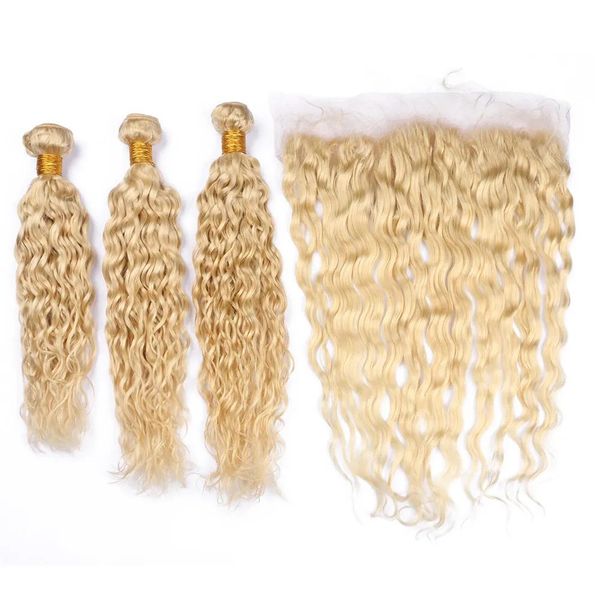 Wet and Wavy #613 Blonde 13x4 Full Lace Frontalverschluss mit Bündeln Virgin Blonde brasilianische Echthaar-Tressen Water Wave mit Fron