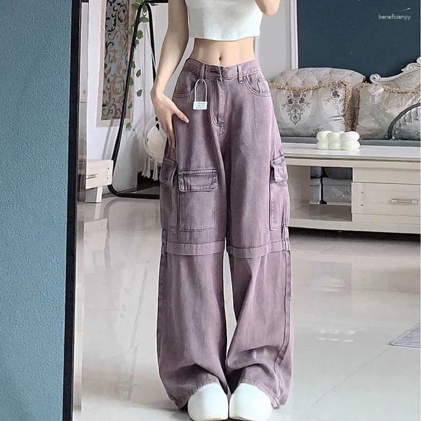 Damen Jeans Retro Einfache Elegante Gerade Cargohose Hohe Taille Schlank Lila Breites Bein 2024 Herbst Winter Mode Frauen Hosen