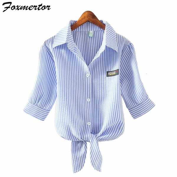 Mertor Frauen Sommer Chiffon Blusen Plus Größe Nadelstreifen Knoten Saum Bluse Shirts Blau Gestreiften Mujer Blusas Feminino 90 240102