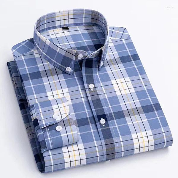 Camisas casuais masculinas qualidade 2024 puro algodão homens xadrez manga longa ajuste regular botão colar verificado roupas de design para negócios