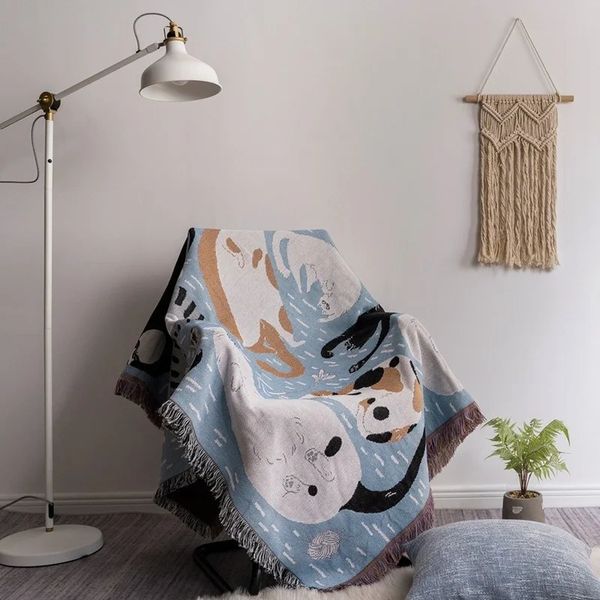 Japonês borla lance cobertor gato preto malha cama sofá toalha cobertura completa almofada de piquenique tapeçaria 240103