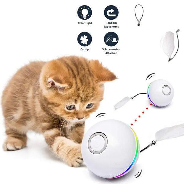 Автоматические умные игрушки для кошек, мяч, интерактивная кошачья мята, USB аккумуляторная, самовращающиеся, красочные светодиодные колокольчики с перьями, игрушки для кошек, котят, 240103