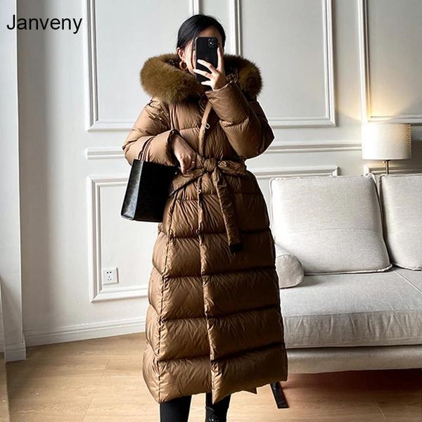 Куртки Janveny, брендовая женская зимняя куртка из 90% белого утиного пуха, длинный тонкий пуховик с воротником из натурального лисьего меха, пушистое пальто с перьями