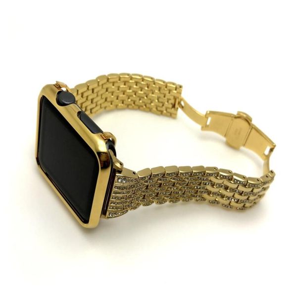 24K vergoldetes Apple Watch Lünettengehäuse Gold Diamanten Edelstahl Uhrenarmband für Apple Watch S1S2S3 42mm 2in1 Set9000239