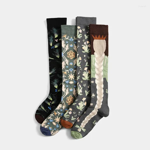 Kadın Çorap 2024 Bahar Çorap Vintage Çiçek Baskı Renkli Örme Noel Harajuku Kalça Stili Serin Uzun