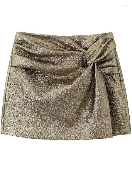 Damen-Shorts, modisch, mit Schleife, goldenes Plissee, seitlicher Reißverschluss, Miniröcke, Vintage-Stil, hohe Taille, weiblich, schicke Dame