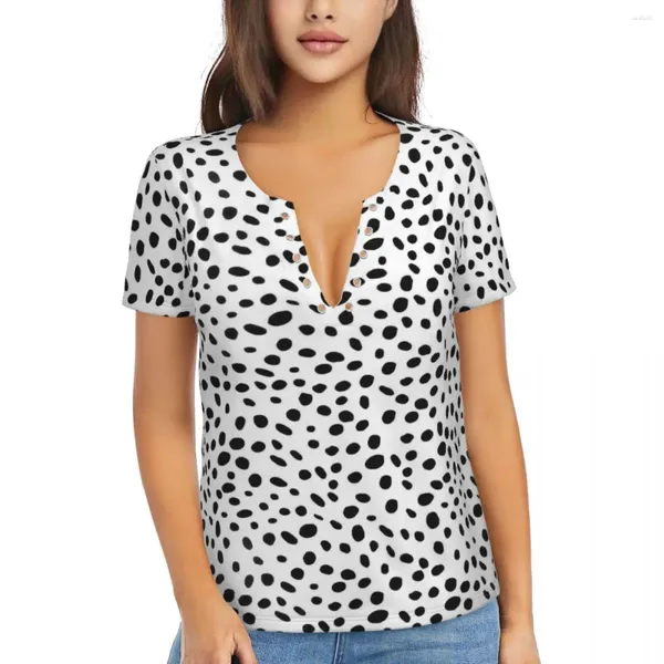 T-shirt da donna T-shirt con stampa cane dalmata Nero maculato Y2K Divertente sexy scollo profondo con scollo a V manica corta Top fai da te 2024 Donna Casual Top Tees