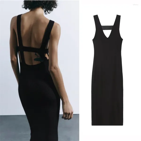 Abiti casual Donna Maglia nera Scava fuori Sling Abito longuette Estate Sexy Backless Scollo a V Slim Abiti lunghi Serata femminile