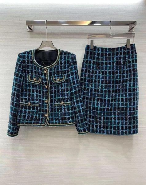 Vestidos de trabalho 2024 moda feminina terno aparado jaqueta de lã xadrez cintura alta hip saia longa conjunto de 2 peças 1208