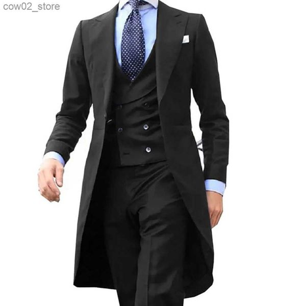Ternos masculinos Blazers chegam novas designs de casaco longo Borgonha terno masculino suave conjunto smoking baile de formatura blazer personalizado moda 3 peças (jaqueta + colete + calças) Q230103