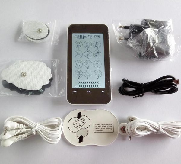 Massageador 2 canais lcd tela sensível ao toque terapia de pulso elétrico dezenas ems massageador, 12 modos digital eletrônico mini acupuntura terapia magnética