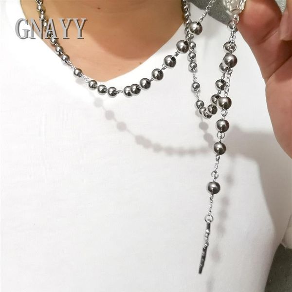 pesante enorme argento acciaio inossidabile Gesù croce pendente collana rosario catena 30 pollici sfera 8mm per regali da uomo2463