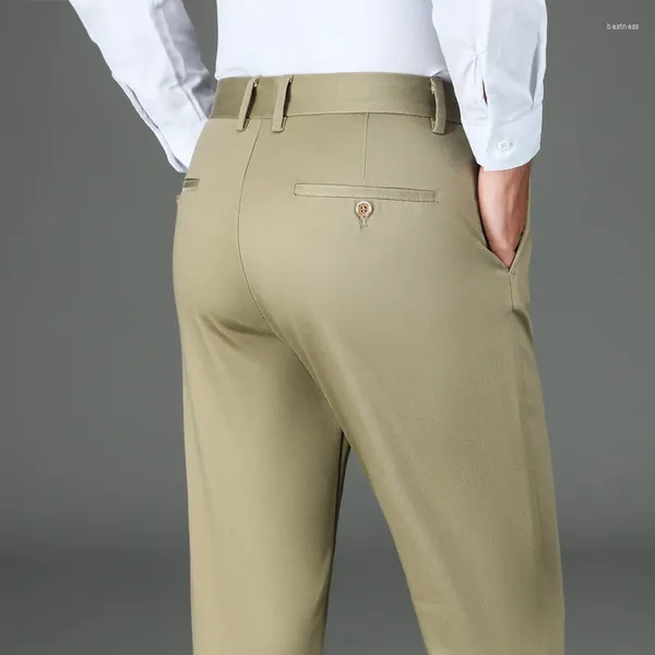 Calças masculinas outono clássico fibra de bambu casual negócios em linha reta solta anti-rugas calças masculinas