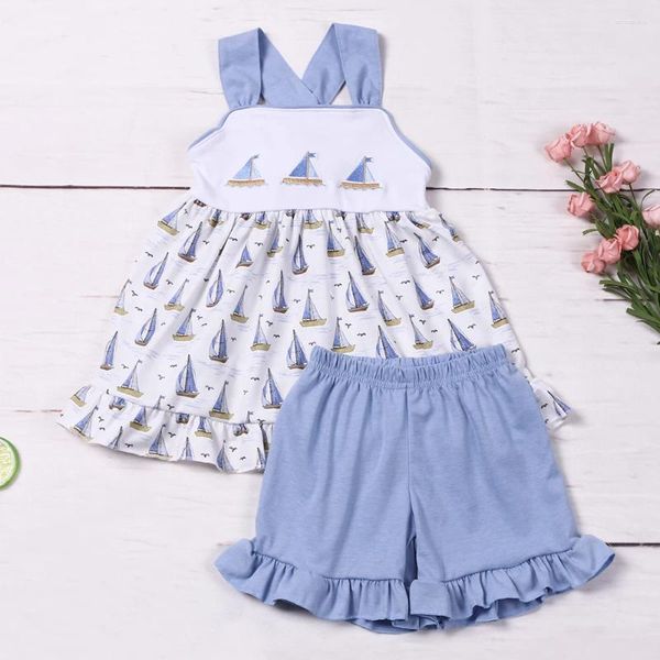 Conjuntos de roupas 1-8t verão meninas roupas casuais wear com seaboat impressão algodão curto azul calças crianças bowknot outfits legal camisola