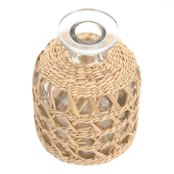 Vasos 1 pc flor vaso de vime redondo vidro decorativo com recipiente de cobertura de rattan tecido para floral