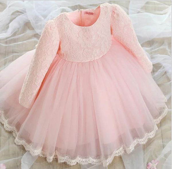 Kleider 2016 Frühling Baby Mädchen Spitzenkleid Langarm Kinder Prinzessin Kleider rosa weiß Mädchen Ballkleid mit großer Schleife Kinder Party Tutu