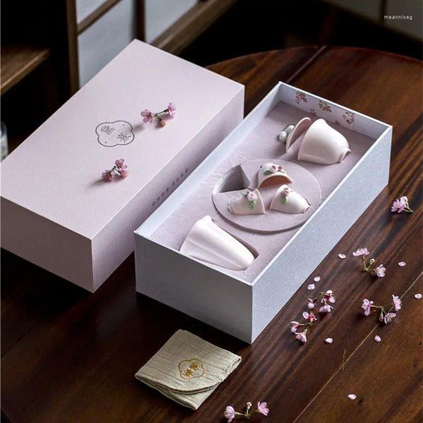 TeAware Setleri Pembe El Yahudi Çiçek Gaiwan Çay Fincanı Seti Seramik Çaydan Çay Bardakları Tepsiyle Çin Gül Pot Hediye Kutusu