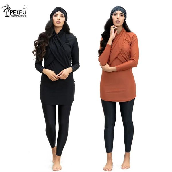 Conjunto peifu venda quente muçulmano roupa de banho feminina moda hijab manga longa esportes maiô 3 peça islâmico burkinesian wear roupa de banho 4xl