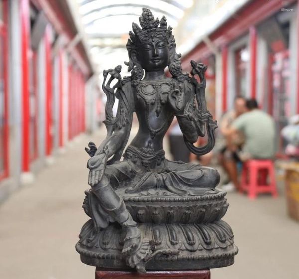 Estatuetas decorativas Tibete Bronze Cobre Deus Verde Tara Kwan-yin Guanyin Bodhisattva Estátua de Buda