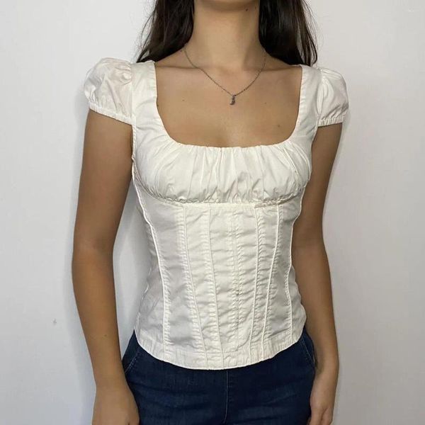 Mulheres Camisetas Doury 90s 00s Cute Crop Tops Y2K S Verão Manga Curta Pescoço Quadrado Ruched Bustier Slim Fit Streetwear