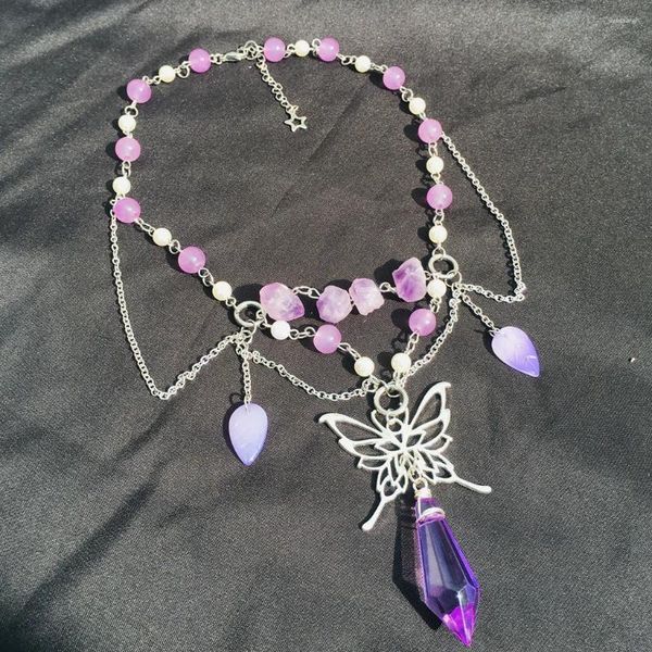 Колье с фиолетовым кристаллом, сказочная бабочка для женщин и девочек, винтажные вечерние украшения, четки, кулон, ожерелье, подарок