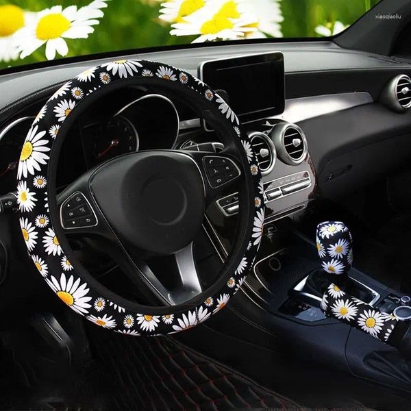 Capas de volante 3pcs margarida flor capa de carro engrenagem de freio de mão auto decoração interior acessórios universais