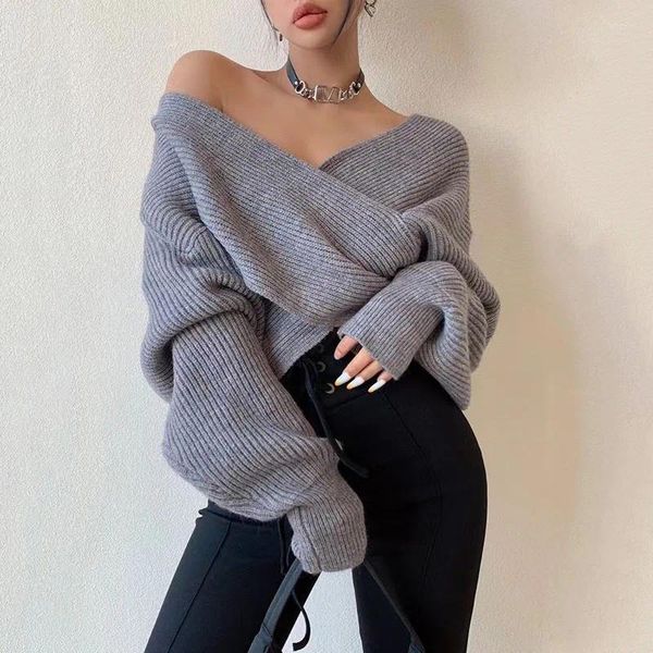 Kadın Sweaters Fashion Big Cross Kore Örme Kazak Kadınlar Zarif Küley Seksi Gevşek Üstler Sonbahar ve Kış Fener Kollu Jumper