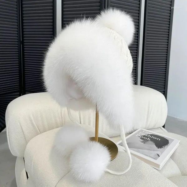 Berets Chapéu Branco Earflaps Faux Cap Fur Children's Ball Fluffy Imitação Espessamento Lã Inverno Térmico Bonito