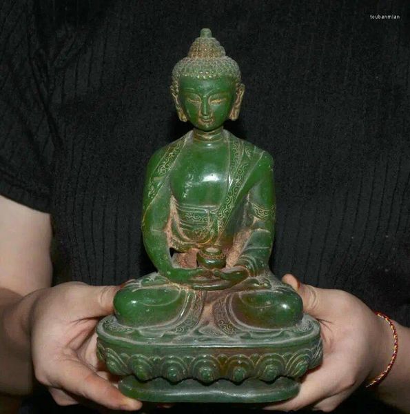 Декоративные статуэтки 8,8 дюйма, старый натуральный зеленый нефрит, резная тибетская статуя лотоса Будды Шакьямуни Амитабхи