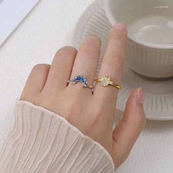 Cluster Ringe Kreative Paar Sonne Mond Form Luxuriöse Silber Gold Farbe Shinny Kristall Einstellbar Eleganter Ring Für Frauen Männer Schmuck Geschenk