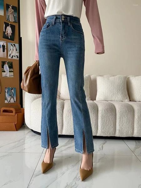 Calças jeans femininas cintura alta duplo breasted macio fino ajuste elástico envoltório tridimensional corte bell bottoms micro queimado