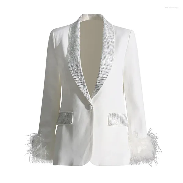 Ternos femininos das mulheres blazer moda colar diamante decoração pena emenda fino fino cor sólida pequeno temperamento jaqueta feminina